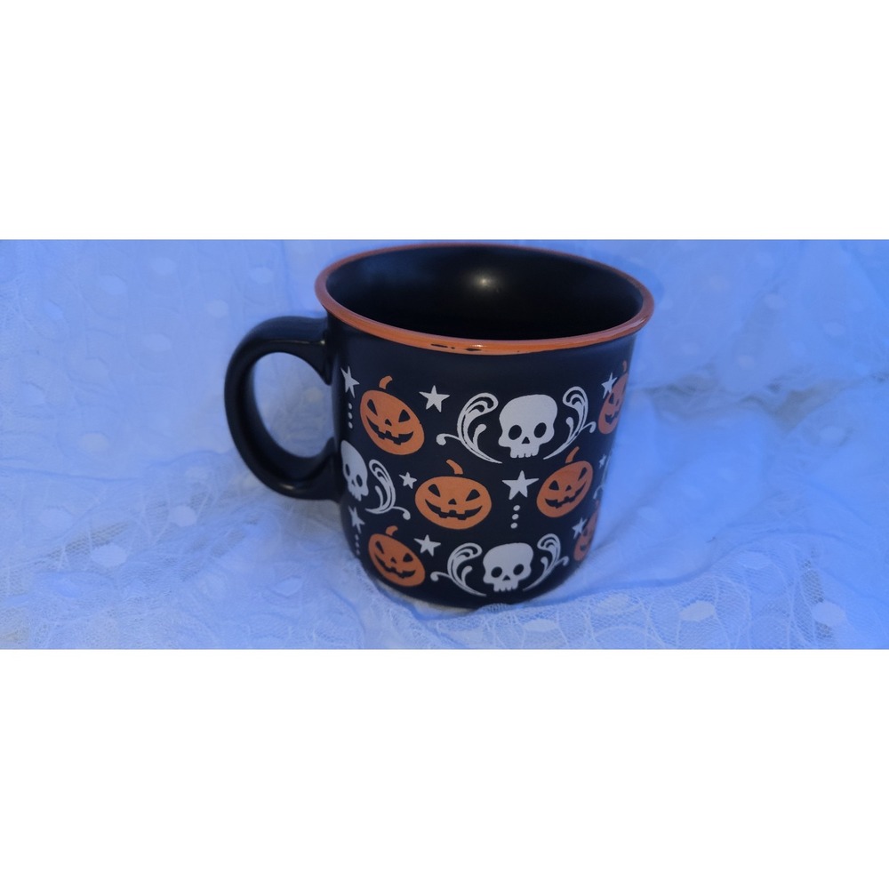 PRIMA Design Large Black Stoneware Jack-o-lanterns and Skulls Coffee Mug